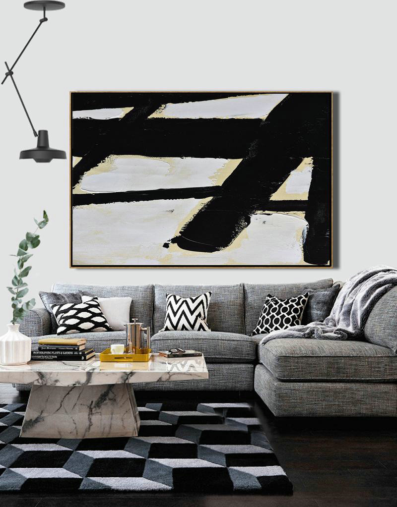 Living Room Wall Art,Horizontal Palette Knife Minimal Canvas Art Painting Black White Beige - Big Canvas Painting